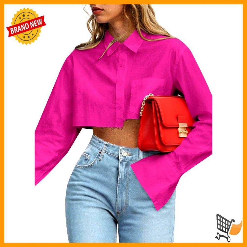 Casual Striped Cropped Button Down Shirt Long Sleeve Crop Top - Picture 1 of 5